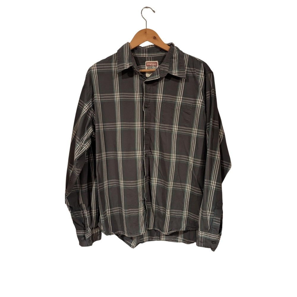 Wrangler Jeans Co Mens XL Plaid Button Down Shirt‎ Grey Long Sleeve Cotton